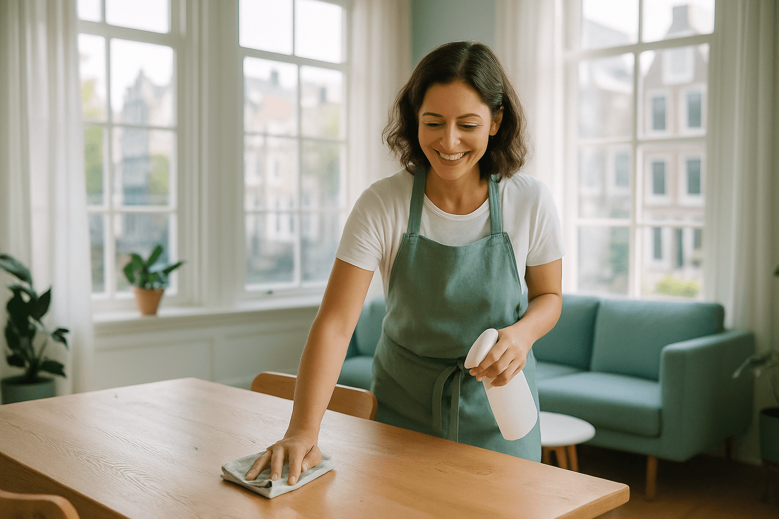 A cleaner wiping down a dining table in a bright living room